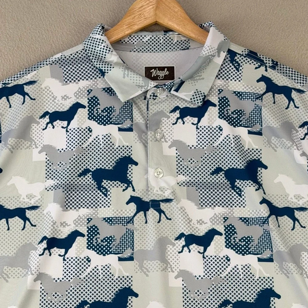 Waggle Kentucky Golf‎ Polo Shirt Mens 2XL Horse Print Performance Blue/White - Picture 2 of 9